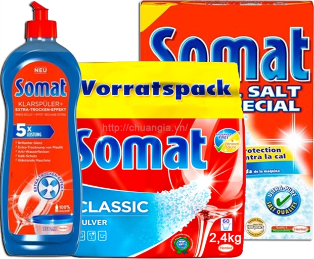 Bột rửa bát Somat 2.4kg + Nước Làm Bóng Somat 750ml + Muối Rửa Bát Somat 1,2 kg. 