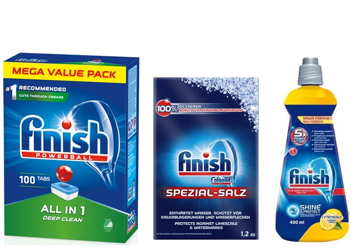 Combo Finish 3: Viên rửa bát Finish All In One 100 viên + Muối Finish 1.2kg + Nước làm bóng Finish 400ml