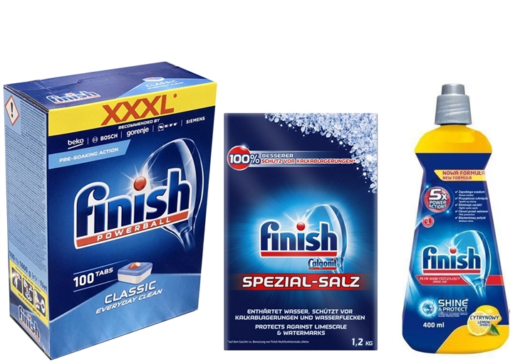 Combo Finish 2: Viên rửa bát Finish Classic 100 viên + Muối Finish 1.2kg + Nước làm bóng Finish 400ml