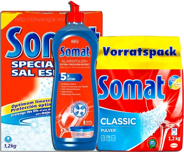 Bột rửa bát Somat 1.2kg + Nước Làm Bóng Somat 750ml + Muối Rửa Bát Somat 1,2 kg.