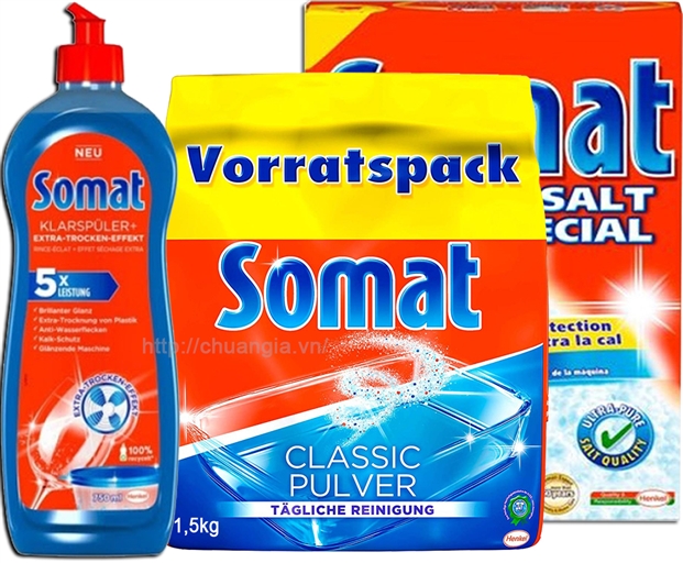 Bột rửa bát Somat 1.5kg + Nước Làm Bóng Somat 750ml + Muối Rửa Bát Somat 1,2 kg.