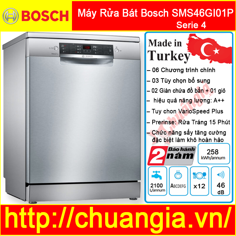 Máy Rửa Bát Bosch SMS46GI01P Serie 4, SMS46GI01P, Máy Rửa Bát Bosch SMS46KI01E, SMS46NI05E, SMS46KI04E, SMS46MI05E, SPS46MI01E, SMS68UI02E, SMS68MI04E, SMS88TI36E, SMS68TI03E, SMS25KI00E